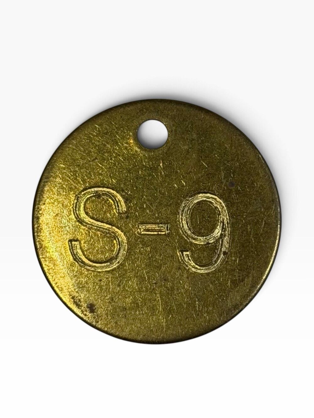 Vintage S-9 Tag Brass Metal Fob Vtg Cattle Tag Mining Check Cow Tag 1.5”